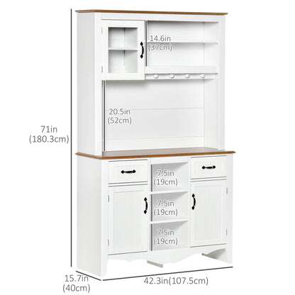 71" Kitchen Buffet with Hutch, Farmhouse Style Storage Cupboard with Utility Drawer, 3 Door Cabinets and 5-tier Shelves, White