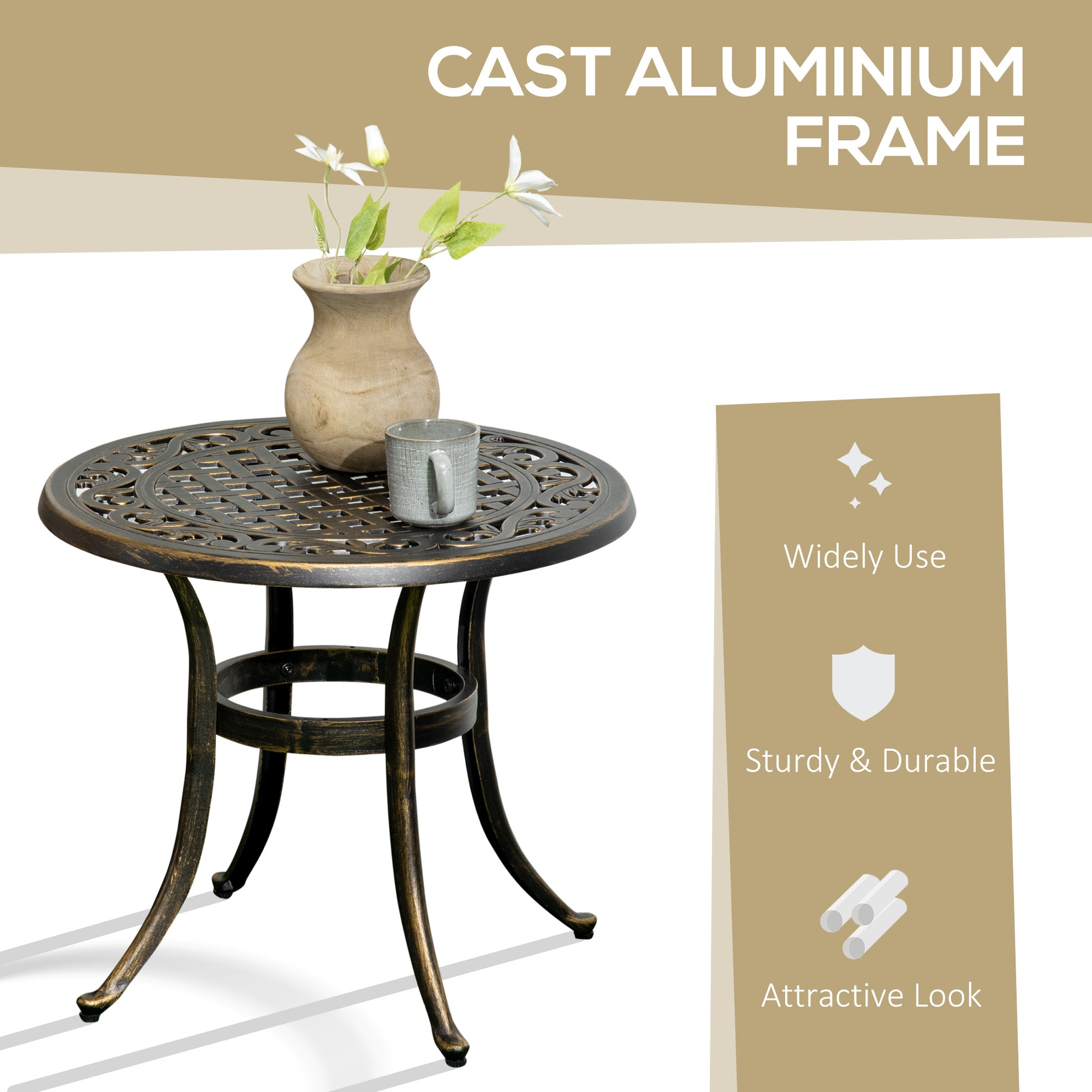 Ф23.6" Round Outdoor Side Table, Cast Aluminum Frame Patio Coffee Side Desk for Patio, Garden, Balcony, Bronze