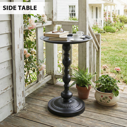15.4" Round Outdoor Side Table, Tray Top Metal Patio Table with Retro Column Base for Indoor, Balcony, Garden, Black