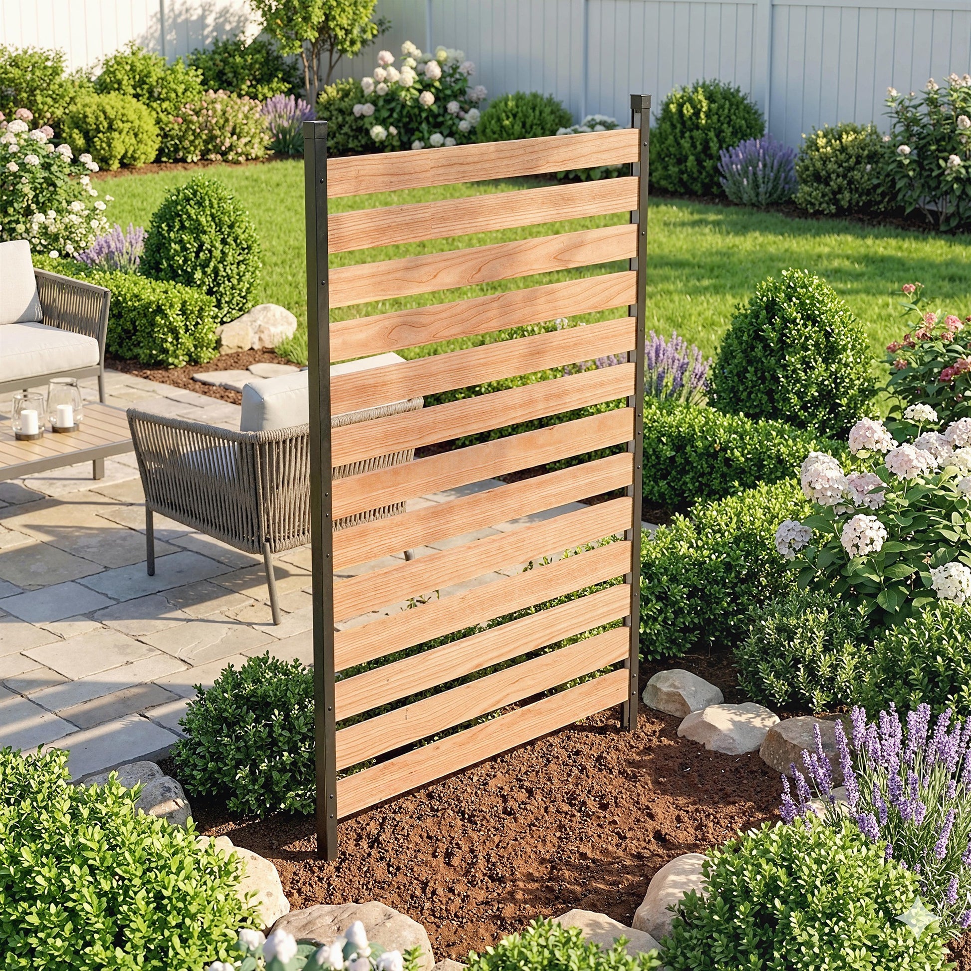 Privacy Screen Panel, 38" x 76" No Dig Space Divider with Fir Wood Planks and Aluminum Posts, Great to Hide Trash Cans
