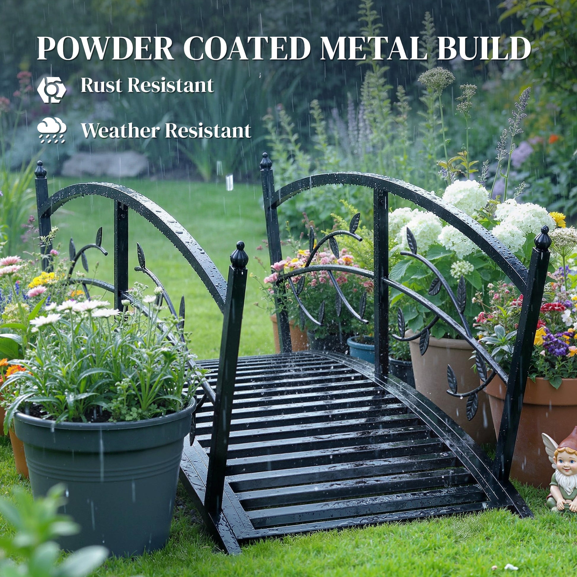 4 FT Metal Garden Bridge with Safety Railings, Outdoor Pond Bridge, Arch Decorative Footbridge for Creek Stream