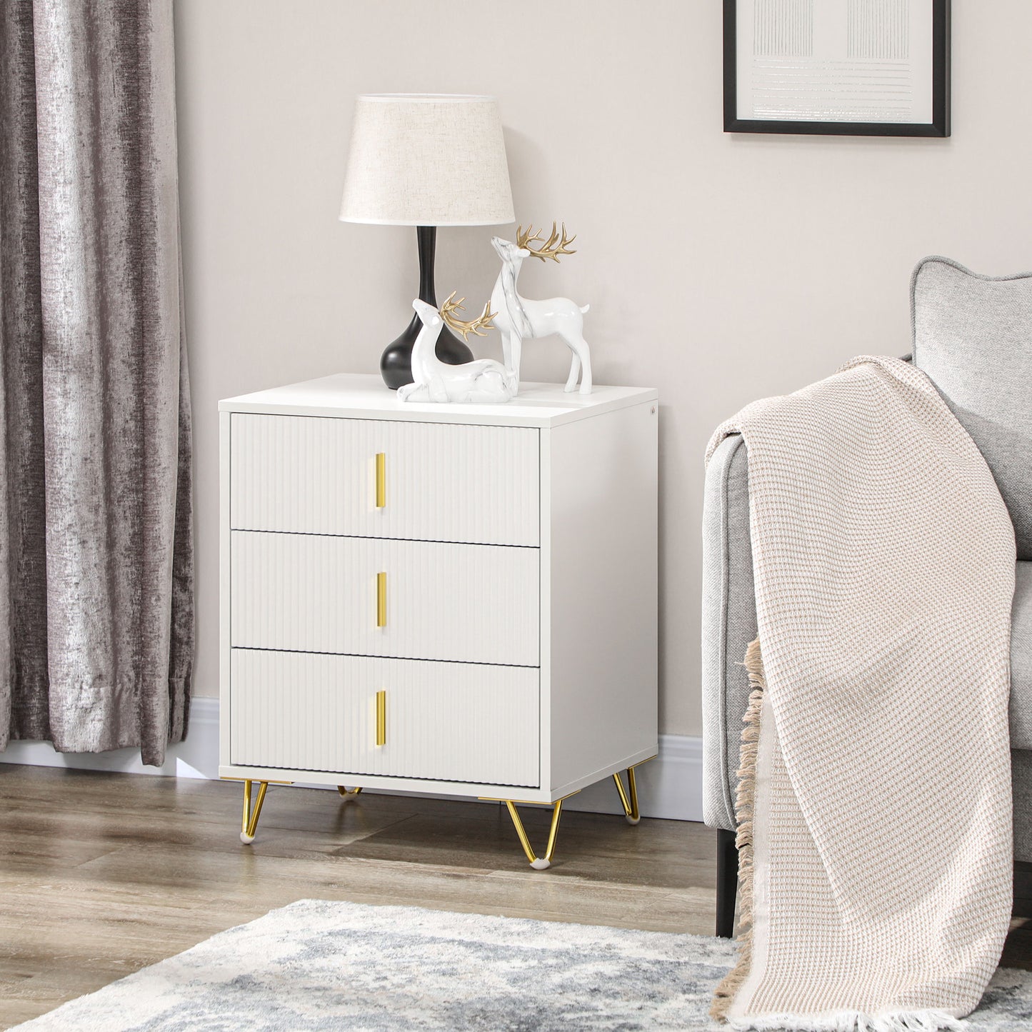 Drawer Chest, 3-Drawer Storage Cabinet Unit with Metal Legs for Living Room, 19.7"x15.7"x24.8", White