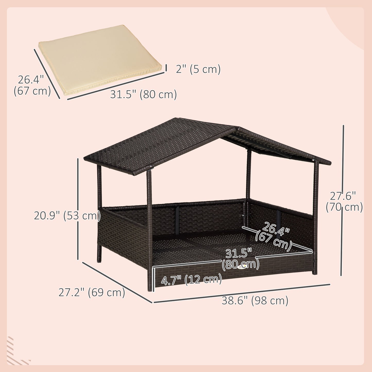 Elevated Rattan Dog House Outdoor with Canopy, Wicker Dog Bed with Water-Resistant Cushion, for Small and Medium Dogs Cream White