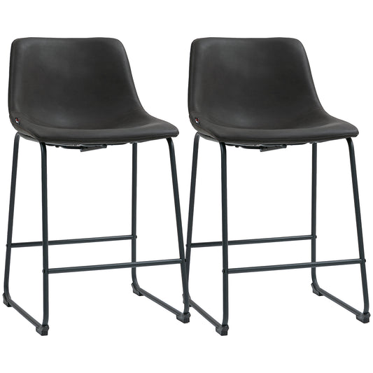 Counter Height Bar Stools Set of 2, Vintage PU Leather Bar Chairs, Kitchen Stool with Footrest, Dark Brown