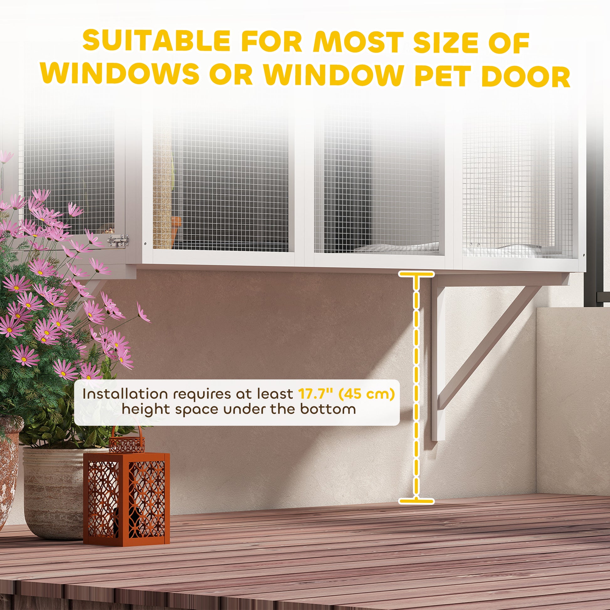 Wooden Catio Outdoor, Cat Window Box Enclosure for 2-3 Large Cats with 2 Jumping Platforms & Scratching Post, White