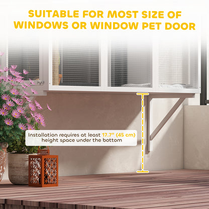 Wooden Catio Outdoor, Cat Window Box Enclosure for 2-3 Large Cats with 2 Jumping Platforms & Scratching Post, White