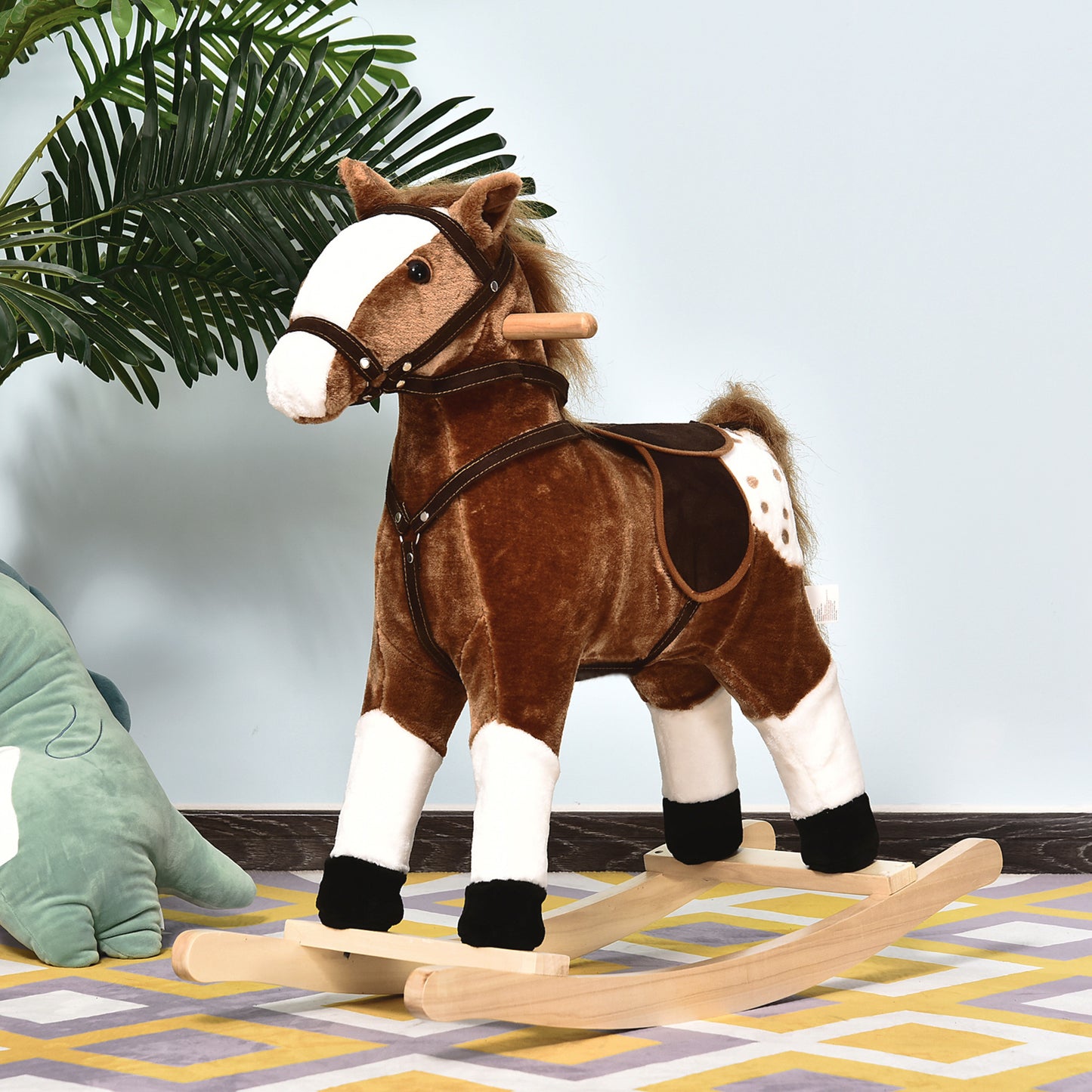 Qaba Baby Rocking Horse, Children Plush Animal Rocker, Kid Ride on Toy with Realistic Sound, Handle Grip, Brown