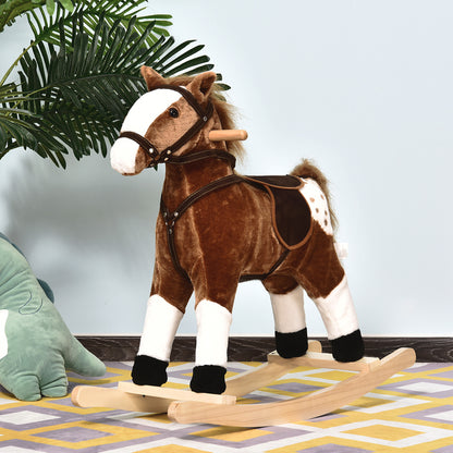 Qaba Baby Rocking Horse, Children Plush Animal Rocker, Kid Ride on Toy with Realistic Sound, Handle Grip, Brown