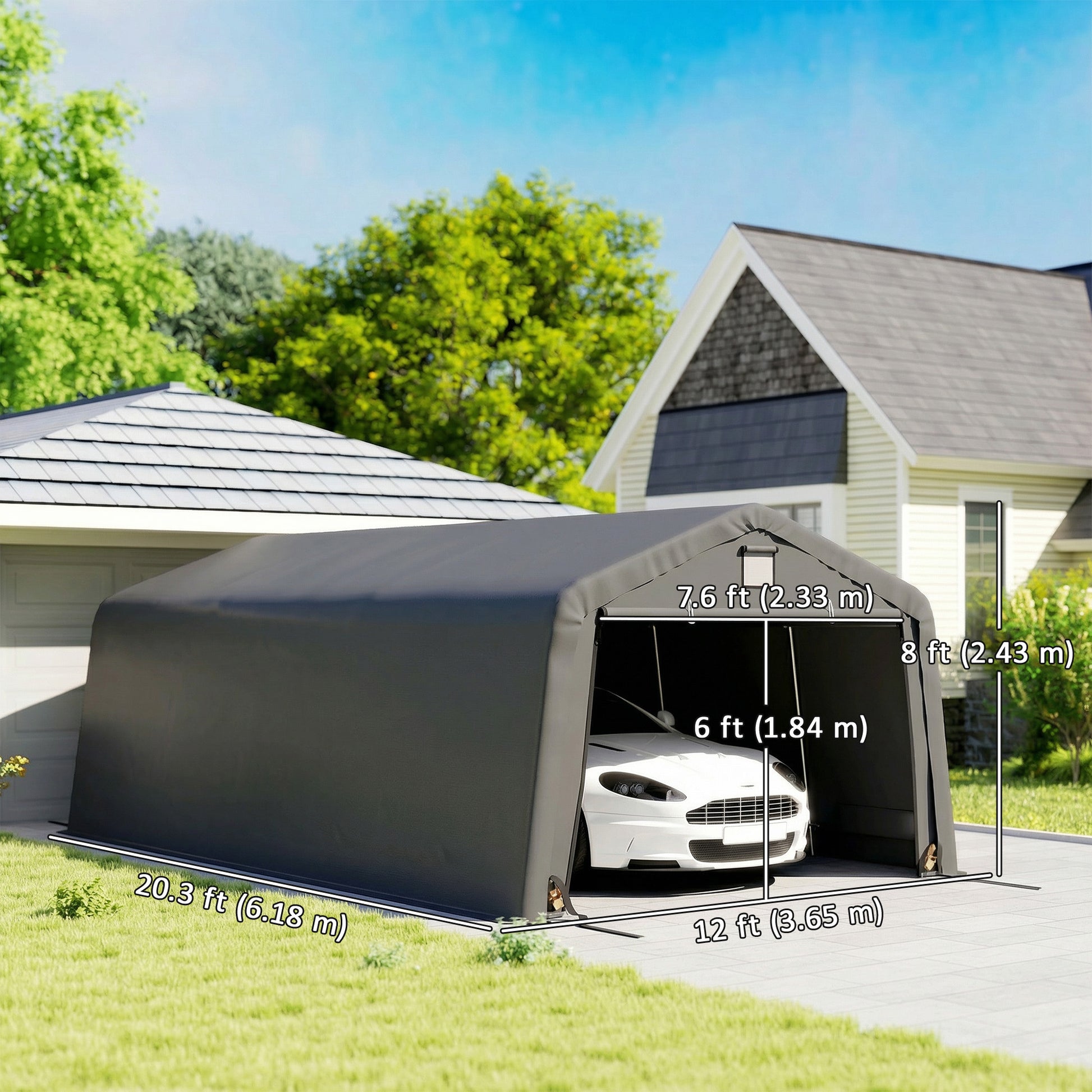 12' x 20' Portable Garage, Heavy Duty Carport Canopy with Ventilation Windows and Large Roll-up Door, Dark Grey
