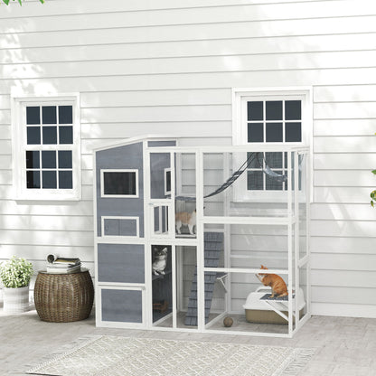 76" Catio Outdoor Cat Enclosure with Cat Condo, Jumping Platforms, Ladder, Ramps, Hammock for 2-3 Indoor Cats, Grey