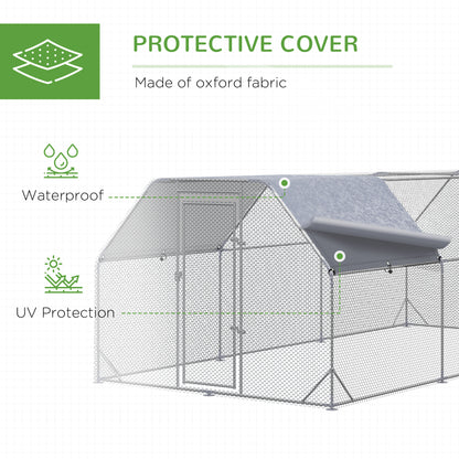 Chicken Run, Galvanized Large Metal Chicken Coop Cage, Walk-in Enclosure Poultry Hen Run House Playpen Rabbit Hutch with Flat Roof, Cover, 9.2' x 18.7' x 6.5', Silver