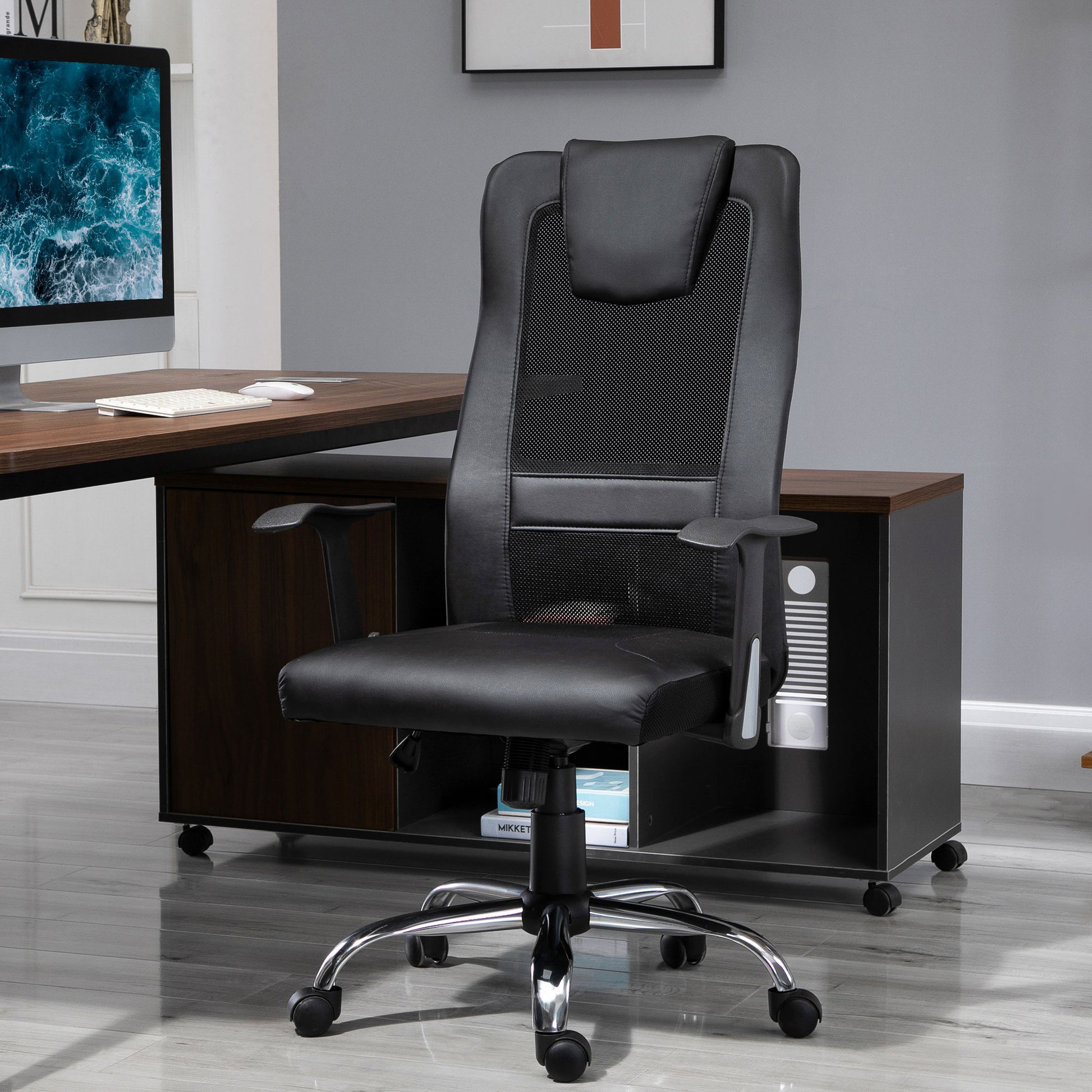 Ergonomic Office Chair with Thick Padded Headrest, Mesh Computer Desk Chair with Tilt Function, Armrest, Black