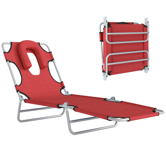Folding Lounge Chair Outdoor, Tanning Chair with Face Hole Arm Slots, Beach Chaise Lounger with Pillow, 5-Position Adjustable Portable Sun Lounger Bed for Pool, Red