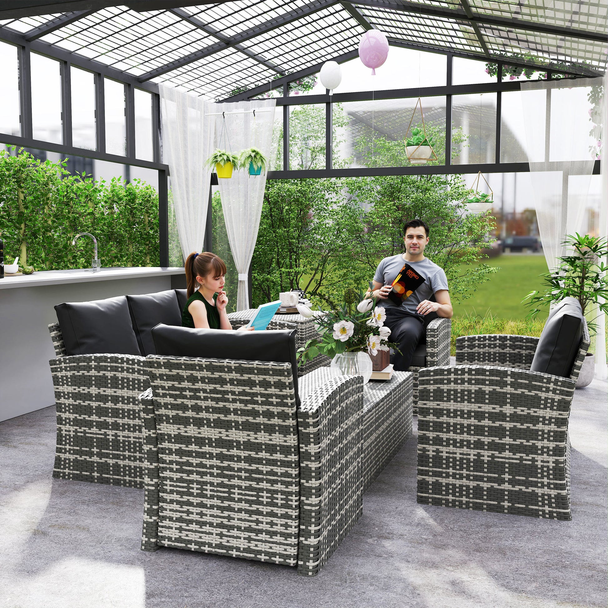 6 Pieces Wicker Patio Furniture Set with Cushions, 7-Seater Rattan Patio Sofa Set with Storage Coffee Table & Side Table, Sectional Outdoor Furniture Set, Black