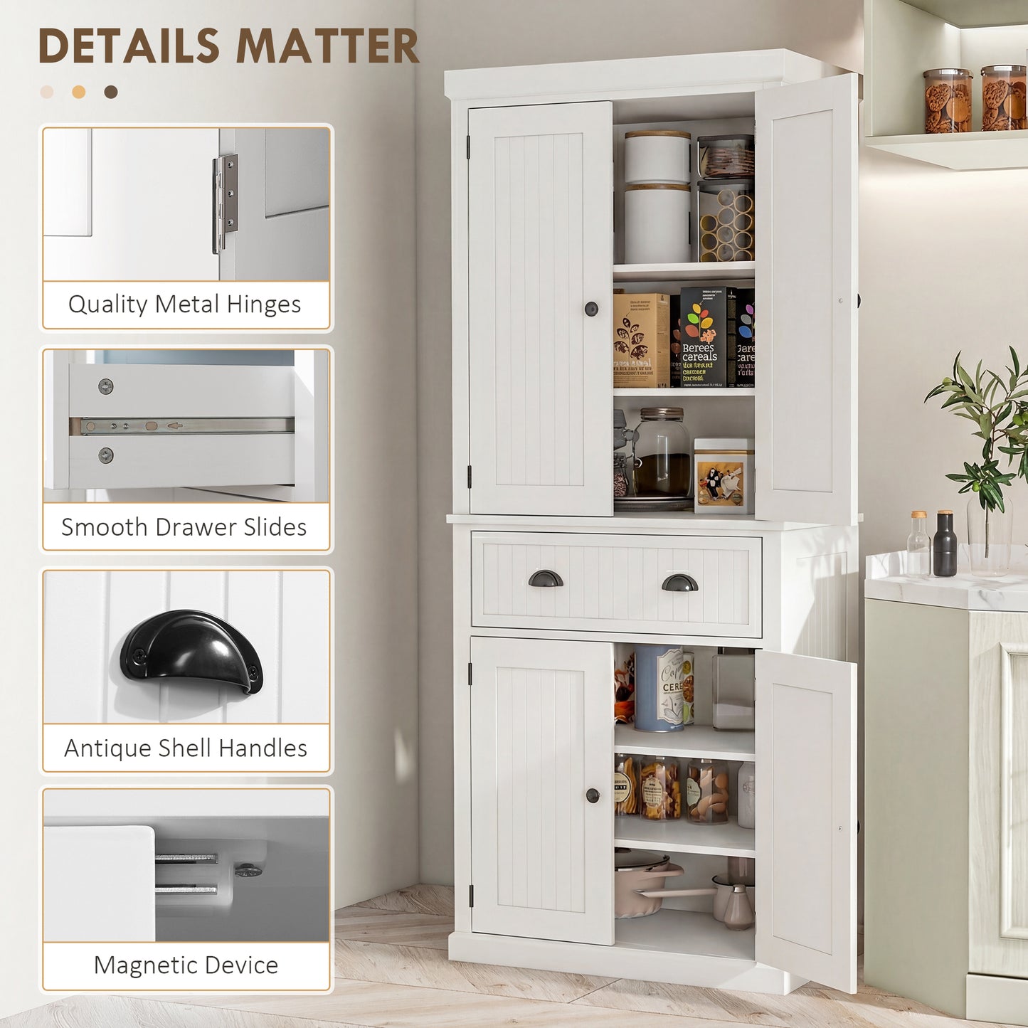 72" Kitchen Pantry, Freestanding Storage Cabinet with Drawer, Doors, Cream White