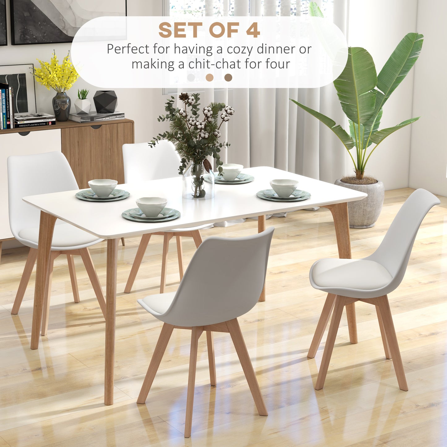 Modern Dining Table Chairs Set of 4, Rubber Wood Kitchen Table Chairs with PU Leather Cushion for Living Room, Bedroom