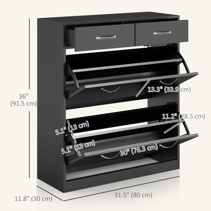 Narrow Shoe Storage with 2 Flip Drawers and Adjustable Shelves Shoe Cabinet Organizer for 12 Pairs of Shoes, Black