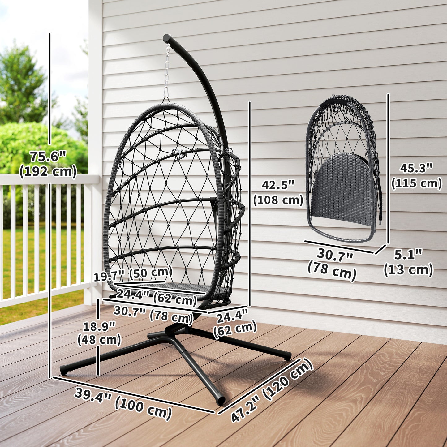 Hanging Egg Chair with Stand, Foldable Wicker Rattan Swing Chair with Thick Cushion and Safety Rope, Grey