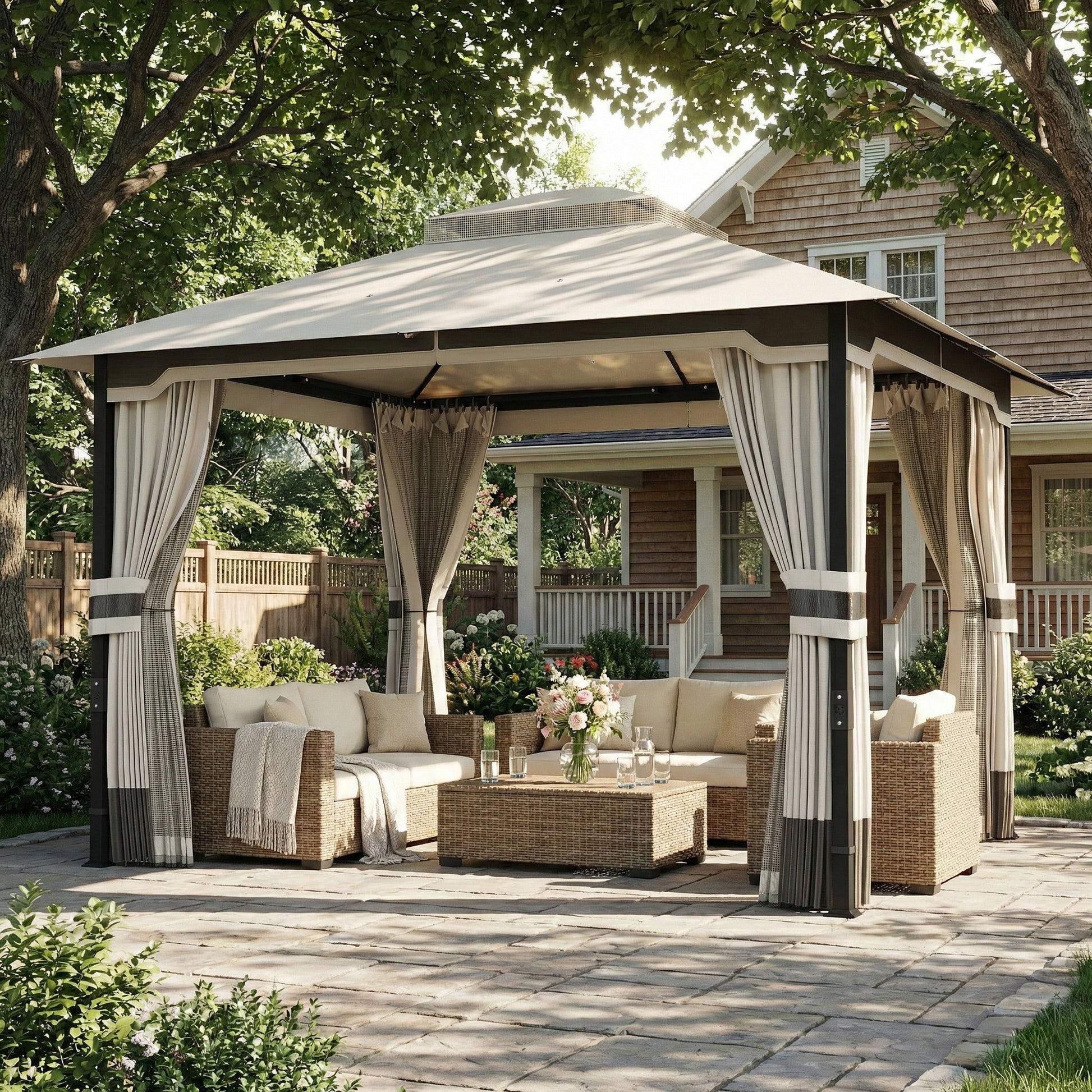 10' x 12' Patio Gazebo, Double Roof Outdoor Gazebo Canopy Shelter with Netting and Curtains, Steel Frame, Light Grey