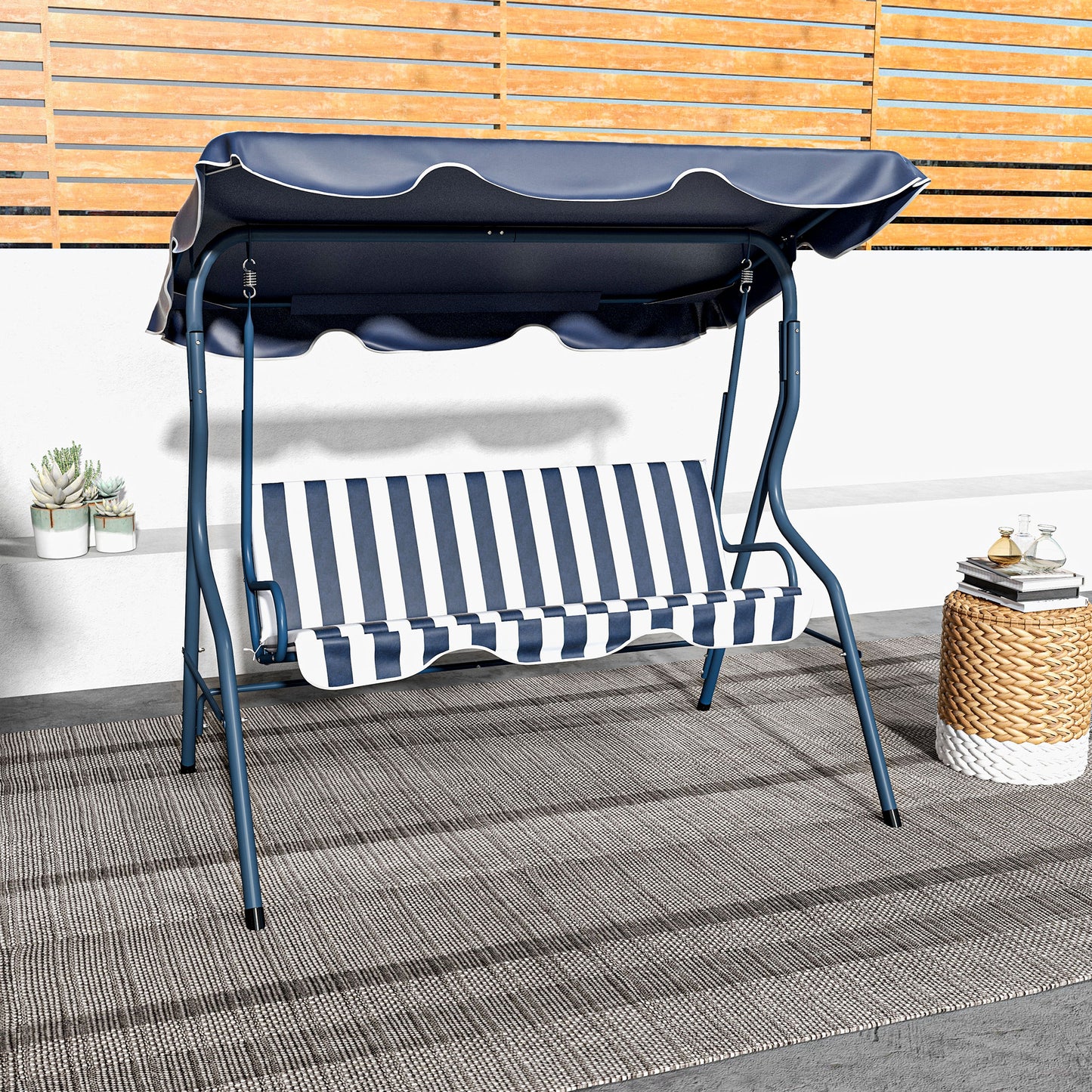 Outdoor Porch Swing with Adjustable Canopy, 3-Seater Patio Swing Chair with Cushion, Blue