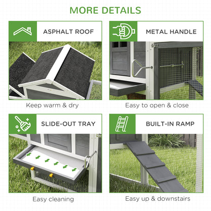 117" Extra Large Chicken Coop with Asphalt Roof, Wooden Hen House with Slide-out Tray, Quail Hutch with Nesting Box, Grey