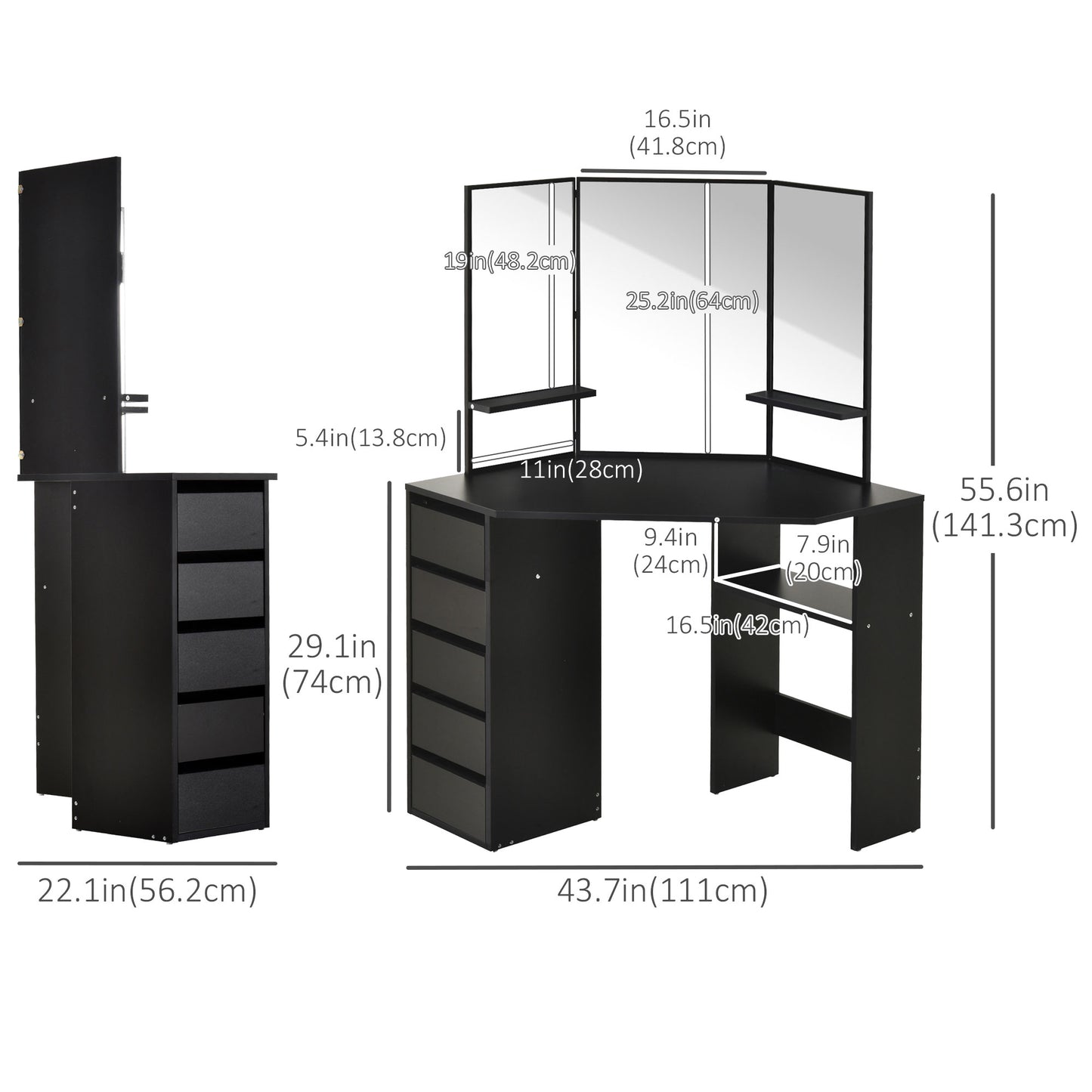 Corner Vanity Desk with Mirror, Makeup Vanity Table with 5 Drawers and Open Shelves, Dressing Table with 3-piece Mirror for Bedroom, Black