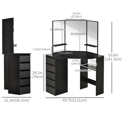 Corner Vanity Desk with Mirror, Makeup Vanity Table with 5 Drawers and Open Shelves, Dressing Table with 3-piece Mirror for Bedroom, Black