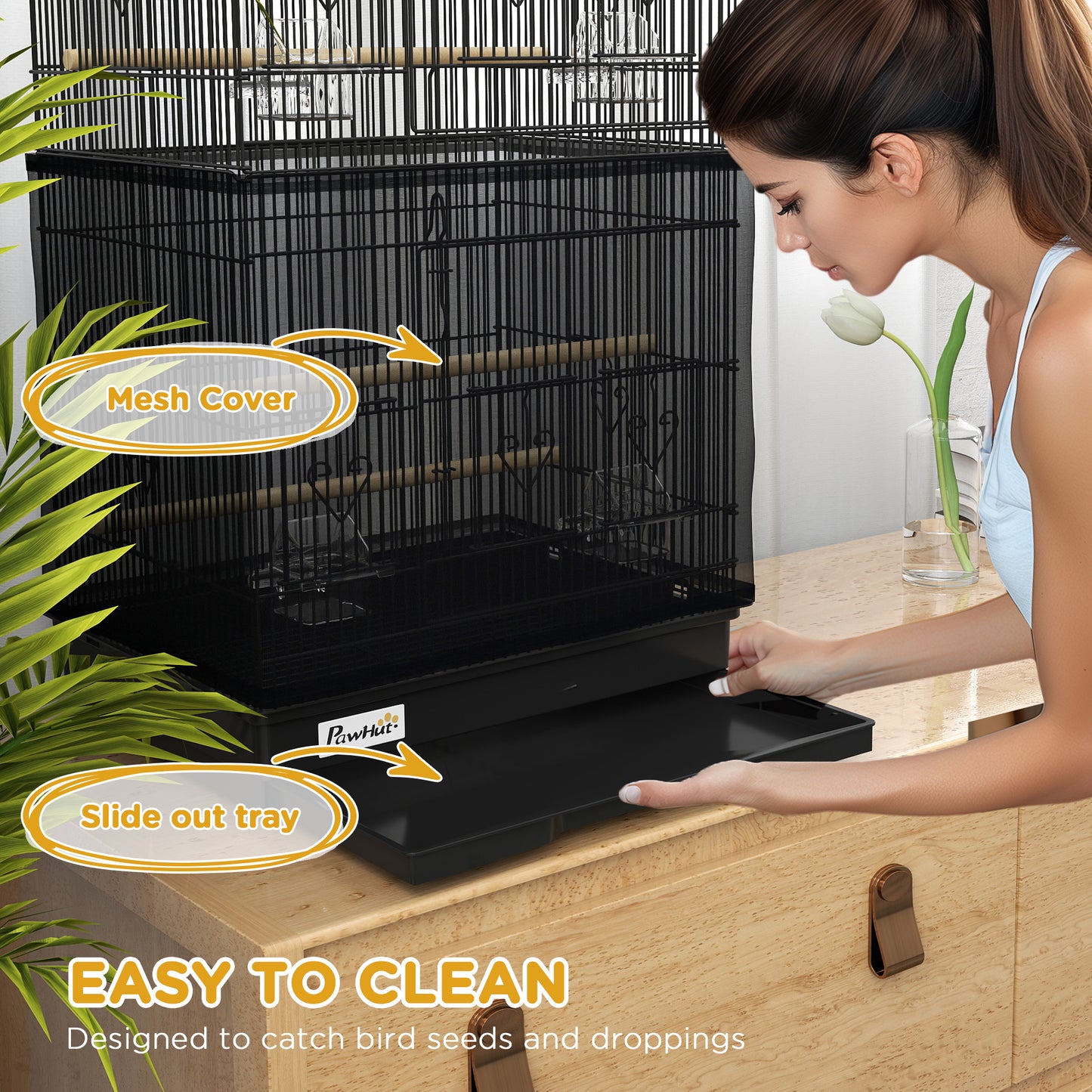 36" Bird Cage with Accessories, Handle, Mesh Cover, Tray, Black