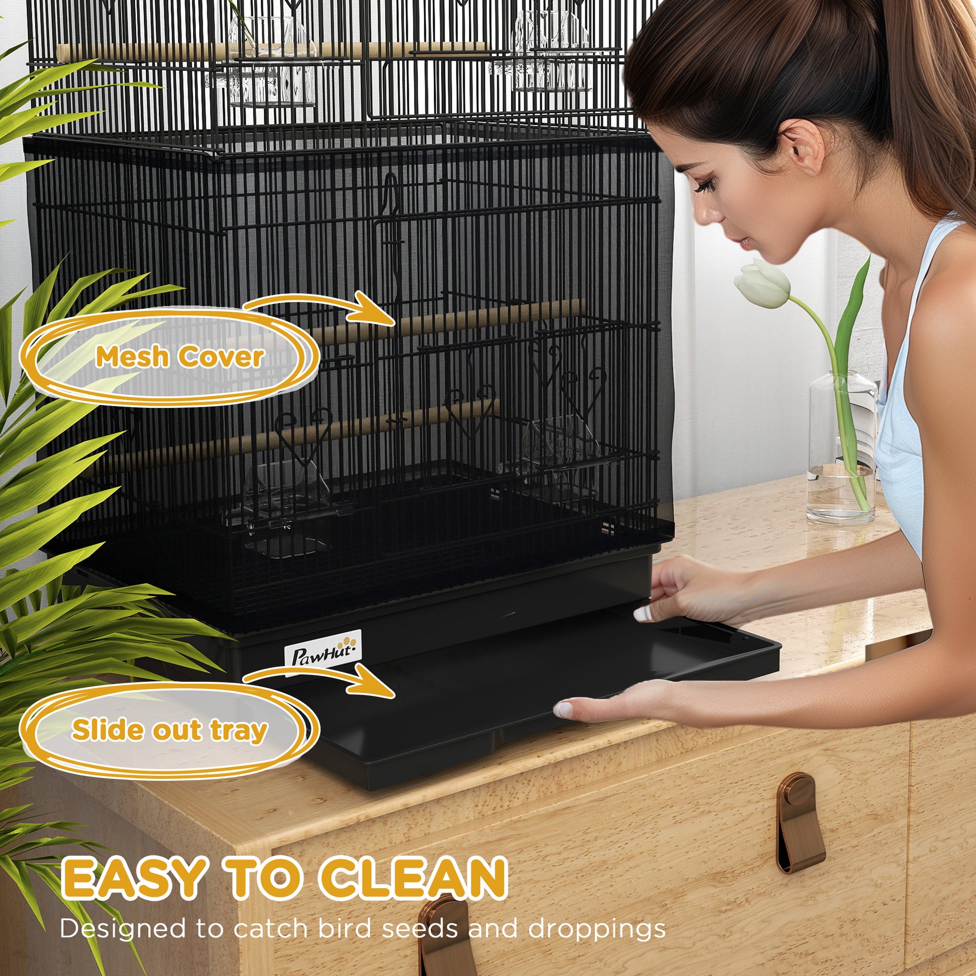 36" Bird Cage with Accessories, Handle, Mesh Cover, Tray, Black