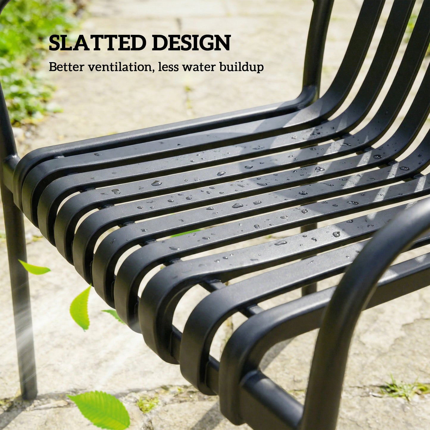 Stackable Patio Chairs Set of 4, Outdoor Dining Chairs with Slatted Seat, Curved Backrest, Armrests, Black