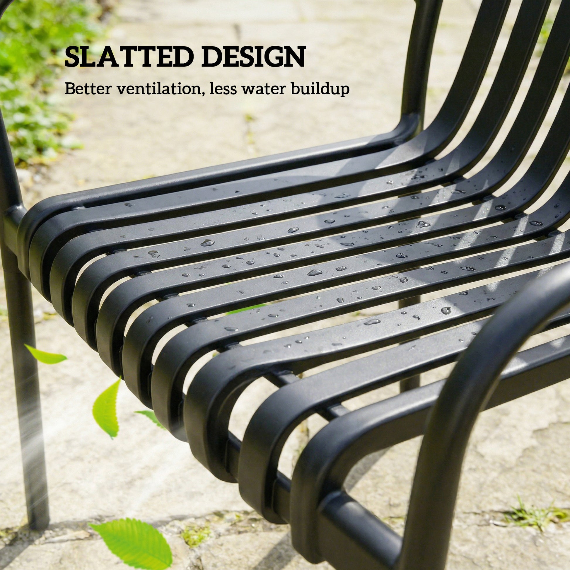 Stackable Patio Chairs Set of 4, Outdoor Dining Chairs with Slatted Seat, Curved Backrest, Armrests, Black