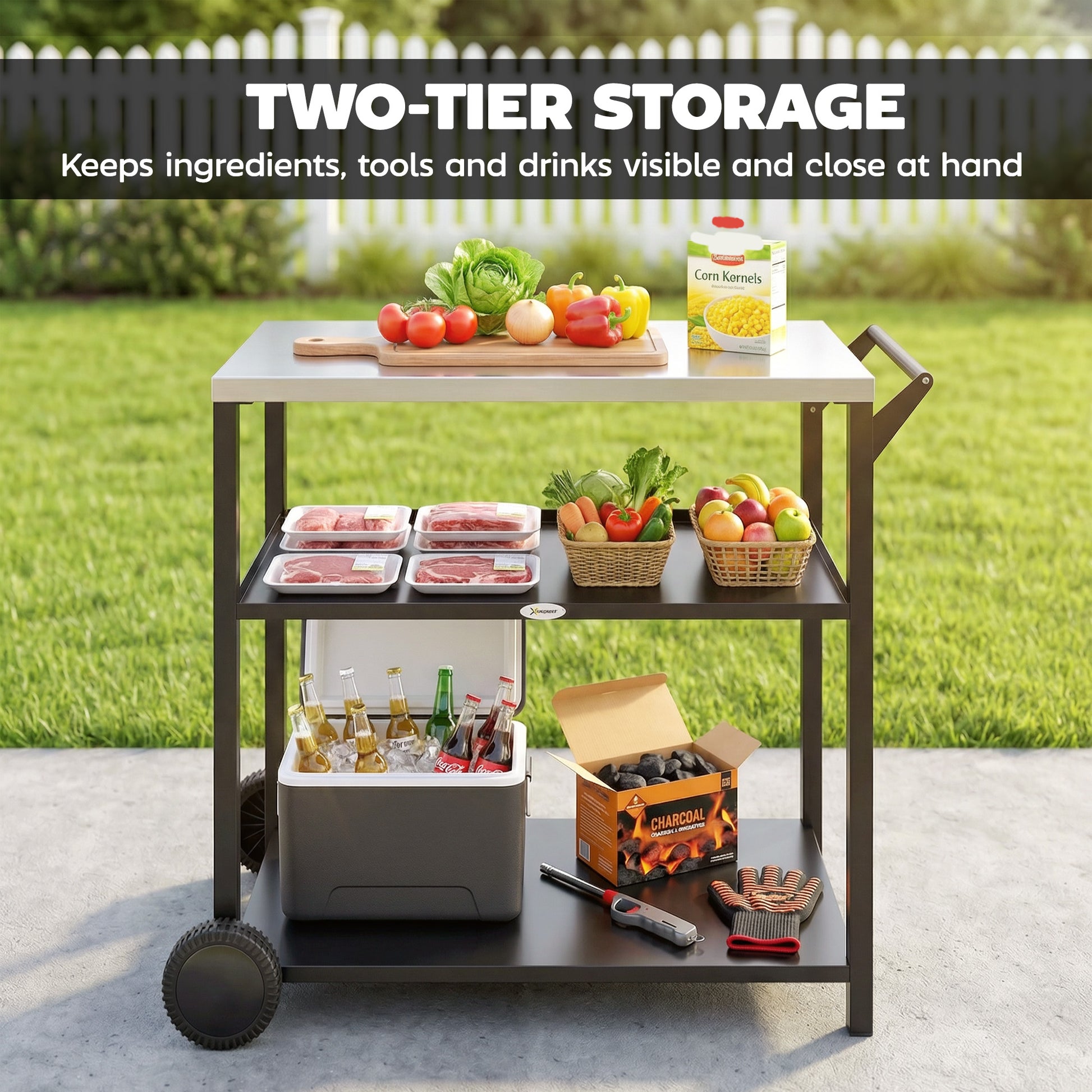 Outdoor Grill Cart with Stainless Steel Tabletop, 3-Tier BBQ Stand, Movable Food Prep Table on Wheels, Black