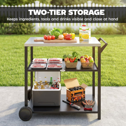 Outdoor Grill Cart with Stainless Steel Tabletop, 3-Tier BBQ Stand, Movable Food Prep Table on Wheels, Black