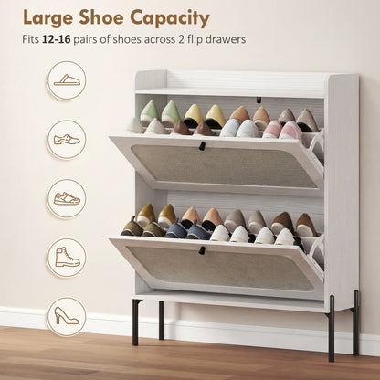 Shoe Cabinet with 2 Flip Drawers, Boho Narrow Shoe Storage Cabinet, White