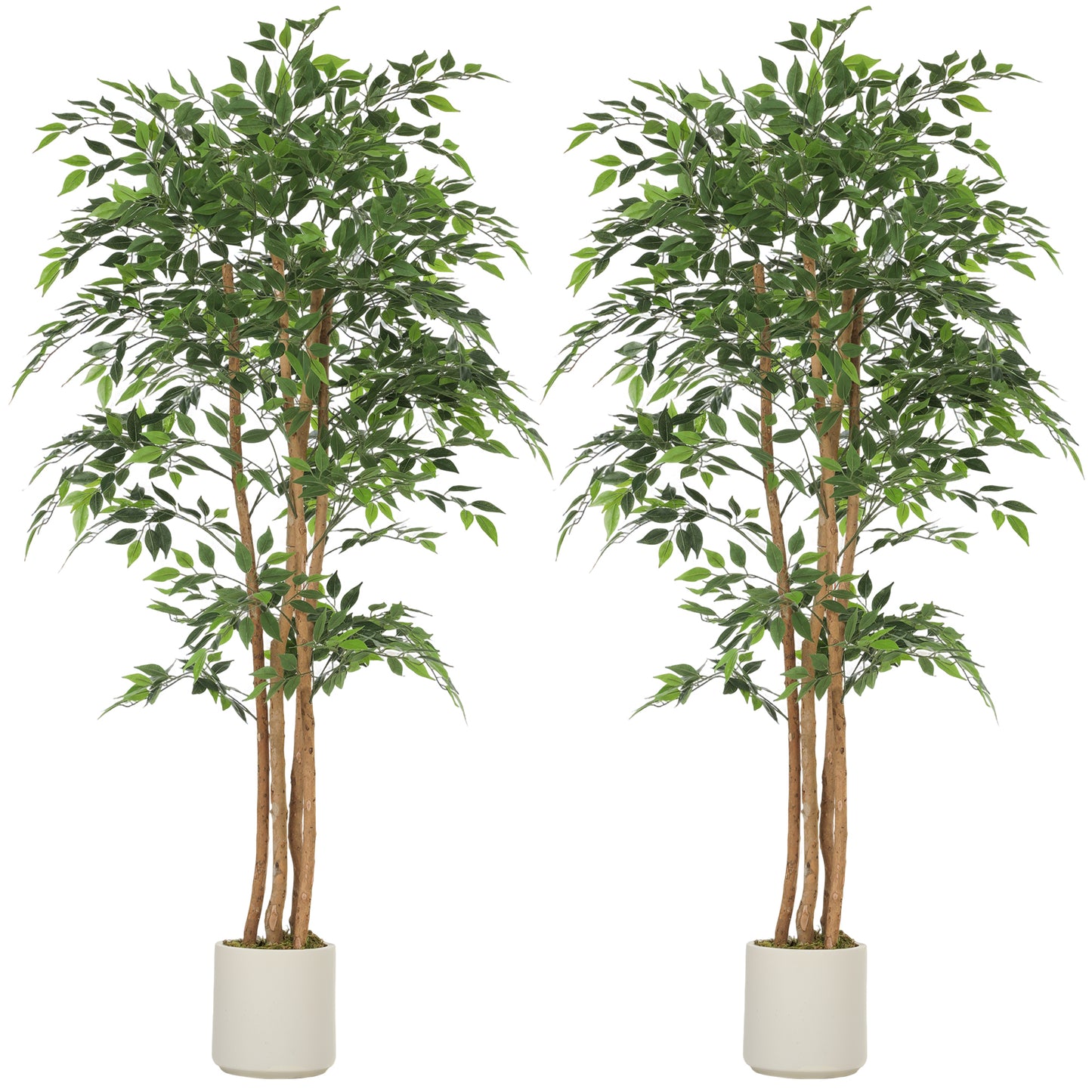 6FT Artificial Banyan Tree Set of 2, Fake Potted Tree with Solid Wood Trunk and Pot for Indoor