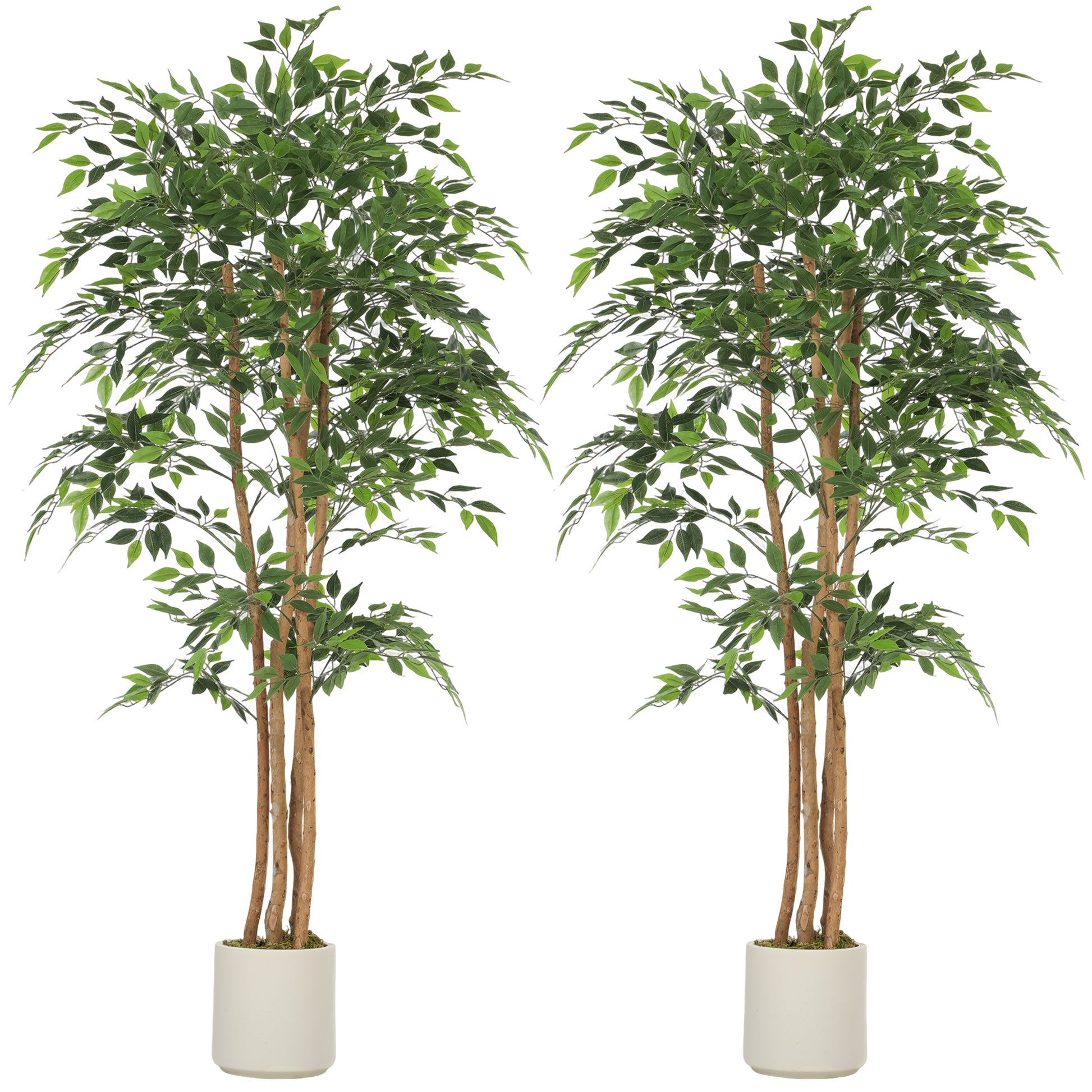 6FT Artificial Banyan Tree Set of 2, Fake Potted Tree with Solid Wood Trunk and Pot for Indoor