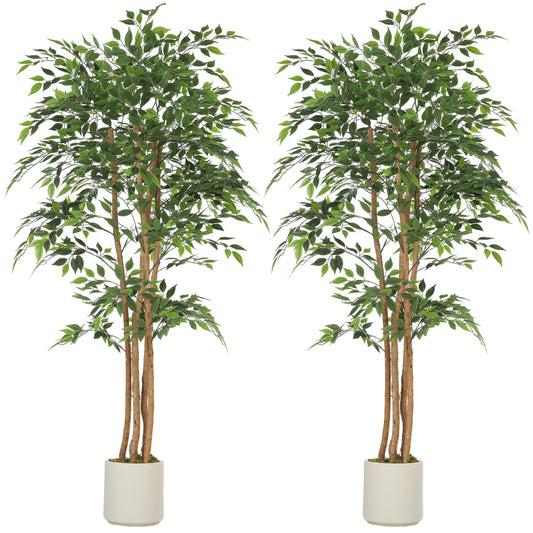 6FT Artificial Banyan Tree Set of 2, Fake Potted Tree with Solid Wood Trunk and Pot for Indoor