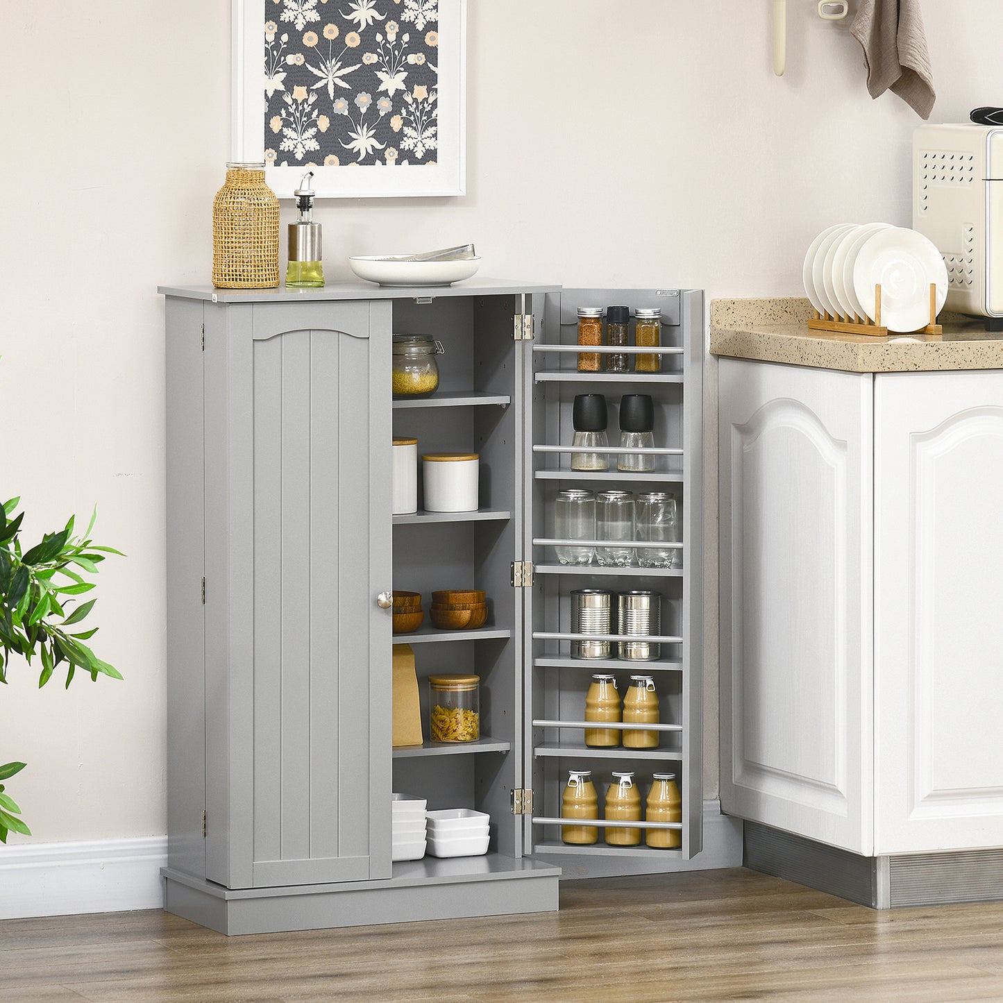 41" Storage Cabinet, 2-Door Kitchen Pantry Cabinet with 5-tier Shelving, 12 Spice Racks and Adjustable Shelves, Grey