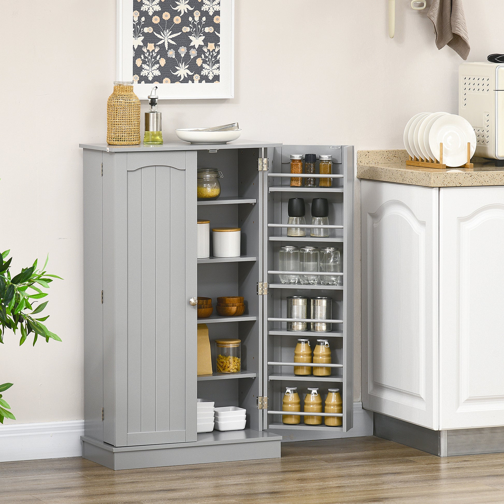 41" Storage Cabinet, 2-Door Kitchen Pantry Cabinet with 5-tier Shelving, 12 Spice Racks and Adjustable Shelves, Grey