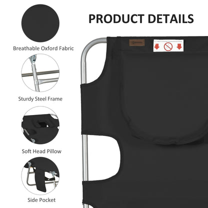 Folding Outdoor Lounge Chair, 5-Level Tanning Chair with Face Hole, Side Pocket, Carry Strap for Beach Pool, Black