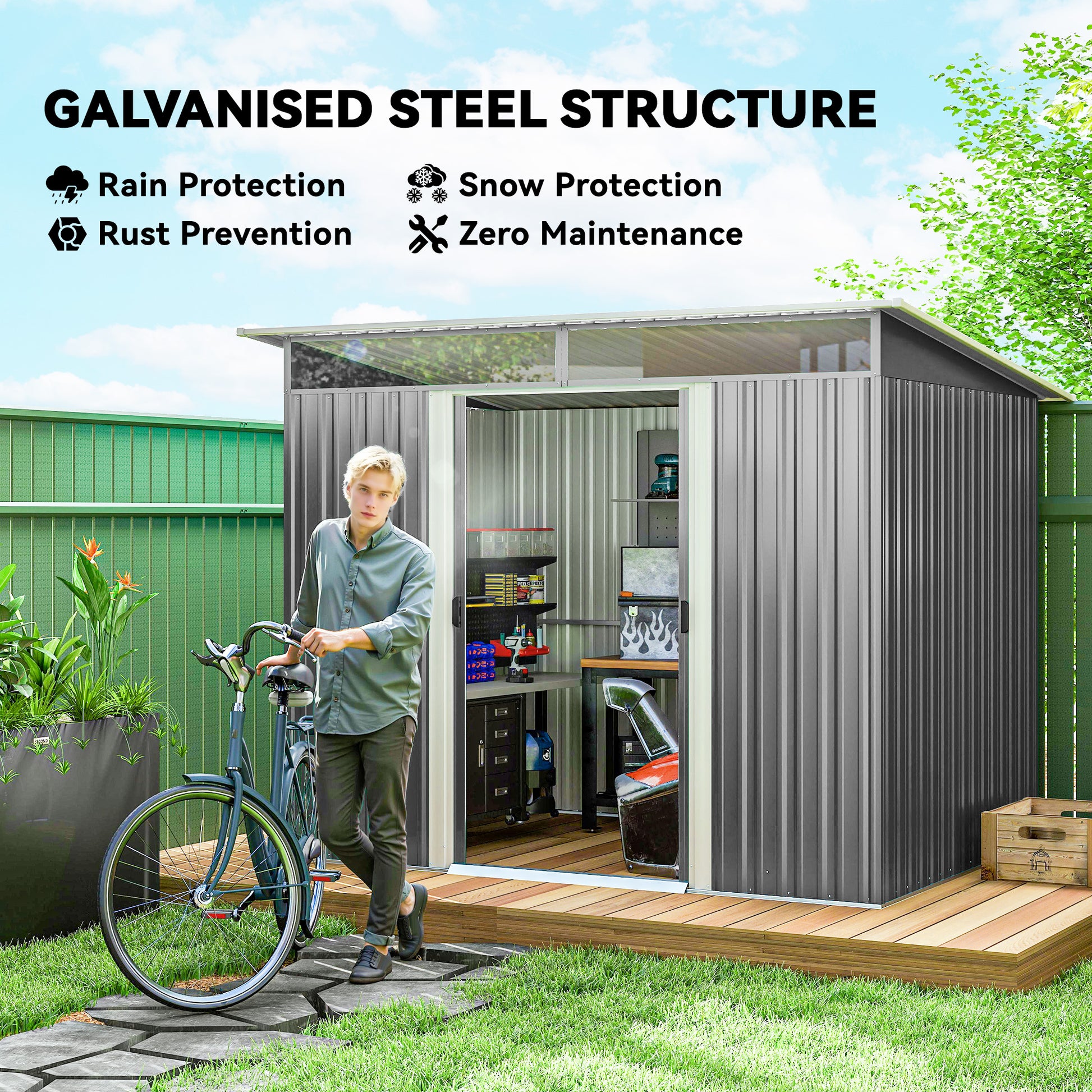 8.5' x 6' Small Gardening Shed Lockable Steel Utility Storage Outdoor Backyard Garden for Gardeners, Grey