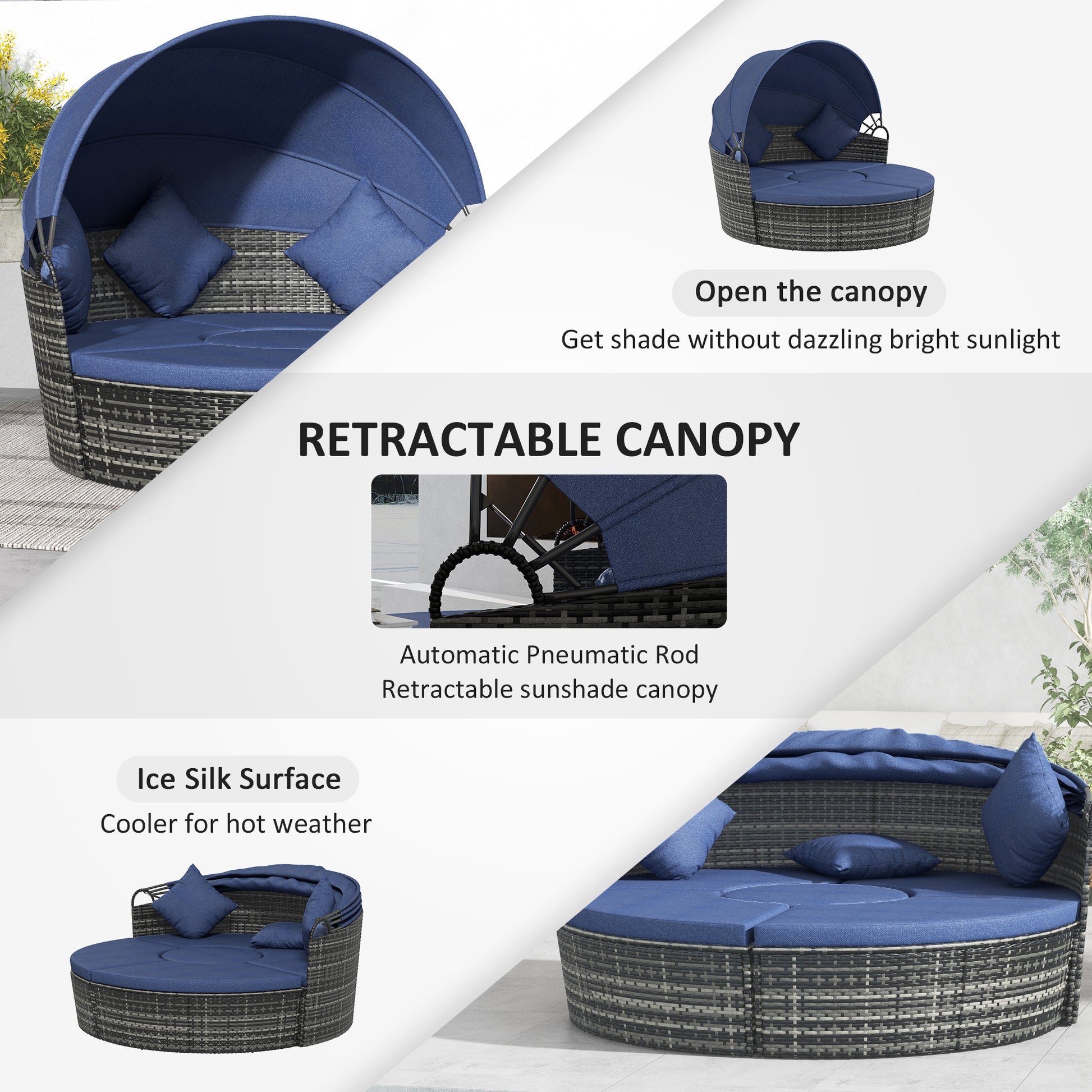 4 Pieces Outdoor Daybed with Retractable Canopy, Wicker Round Sofa Day Bed, Conversation Furniture Set, Dark Blue