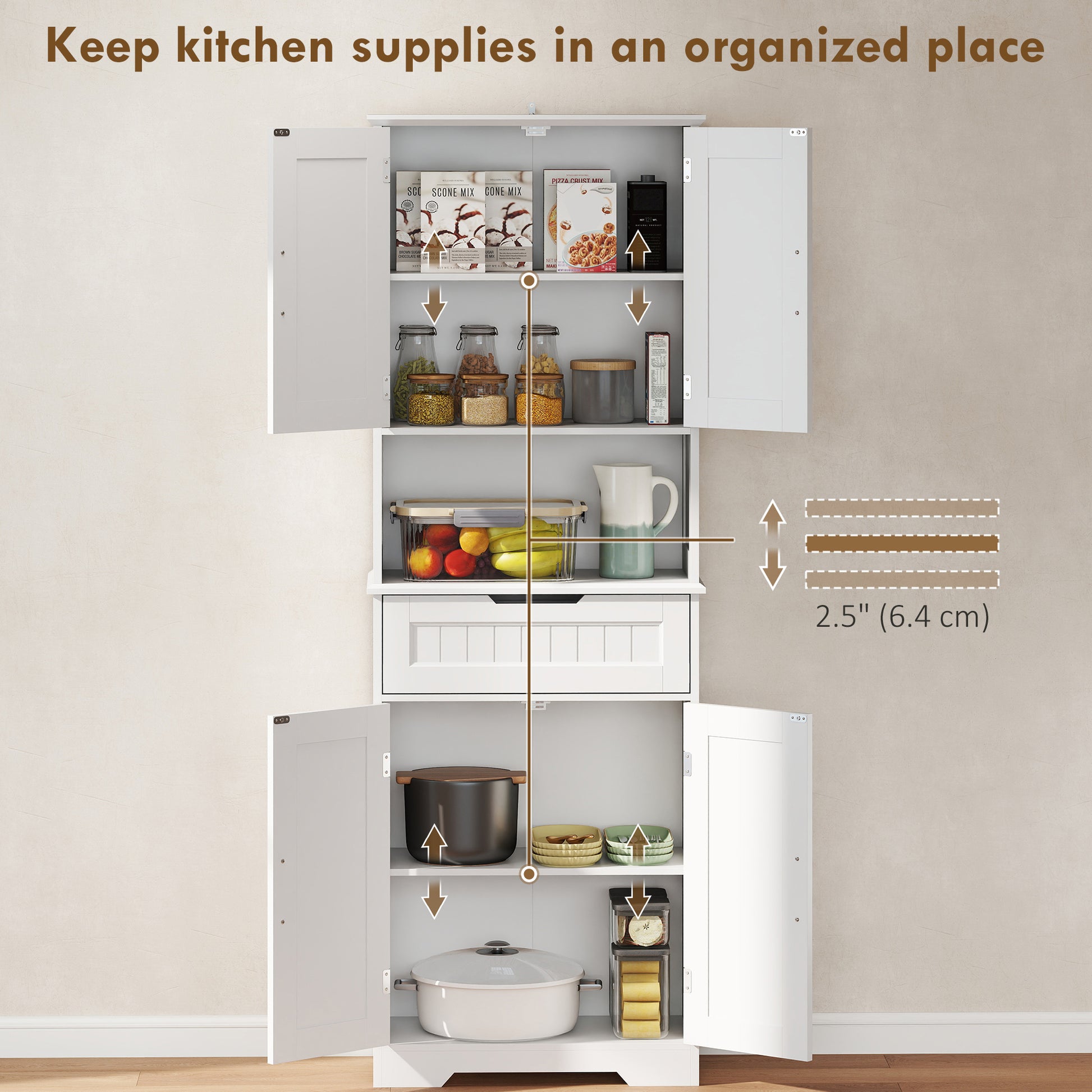 Kitchen Buffet with Hutch, 68" Tall Kitchen Pantry Cabinet with Small Open Counter, 4 Doors, Drawer, White