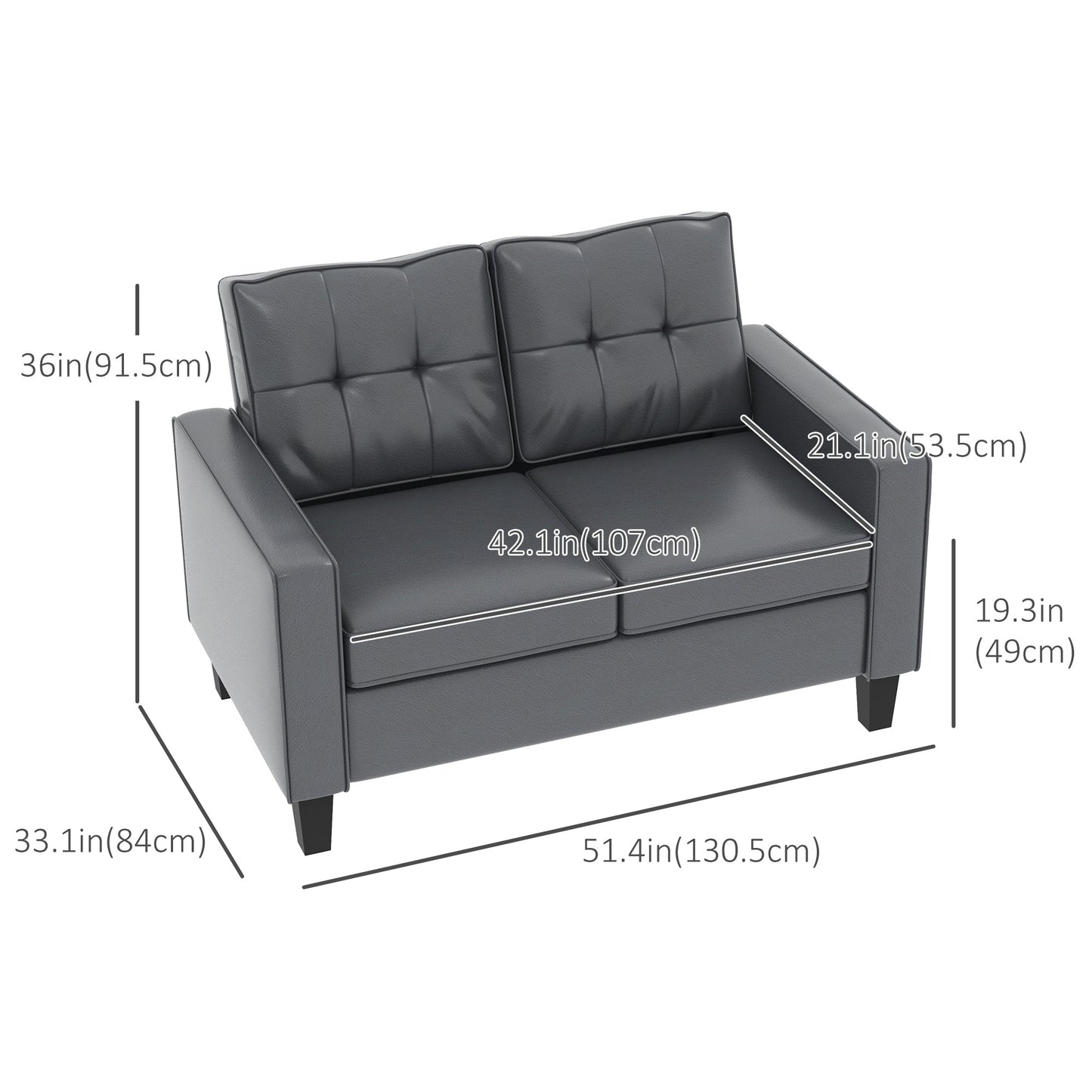 51" PU Leather Loveseat, Upholstered Double Sofa Couch with Armrests, Tufted Backrest, Pocket Spring and Sponge Padded Cushion for Living Room, Bedroom, Home Office, Grey