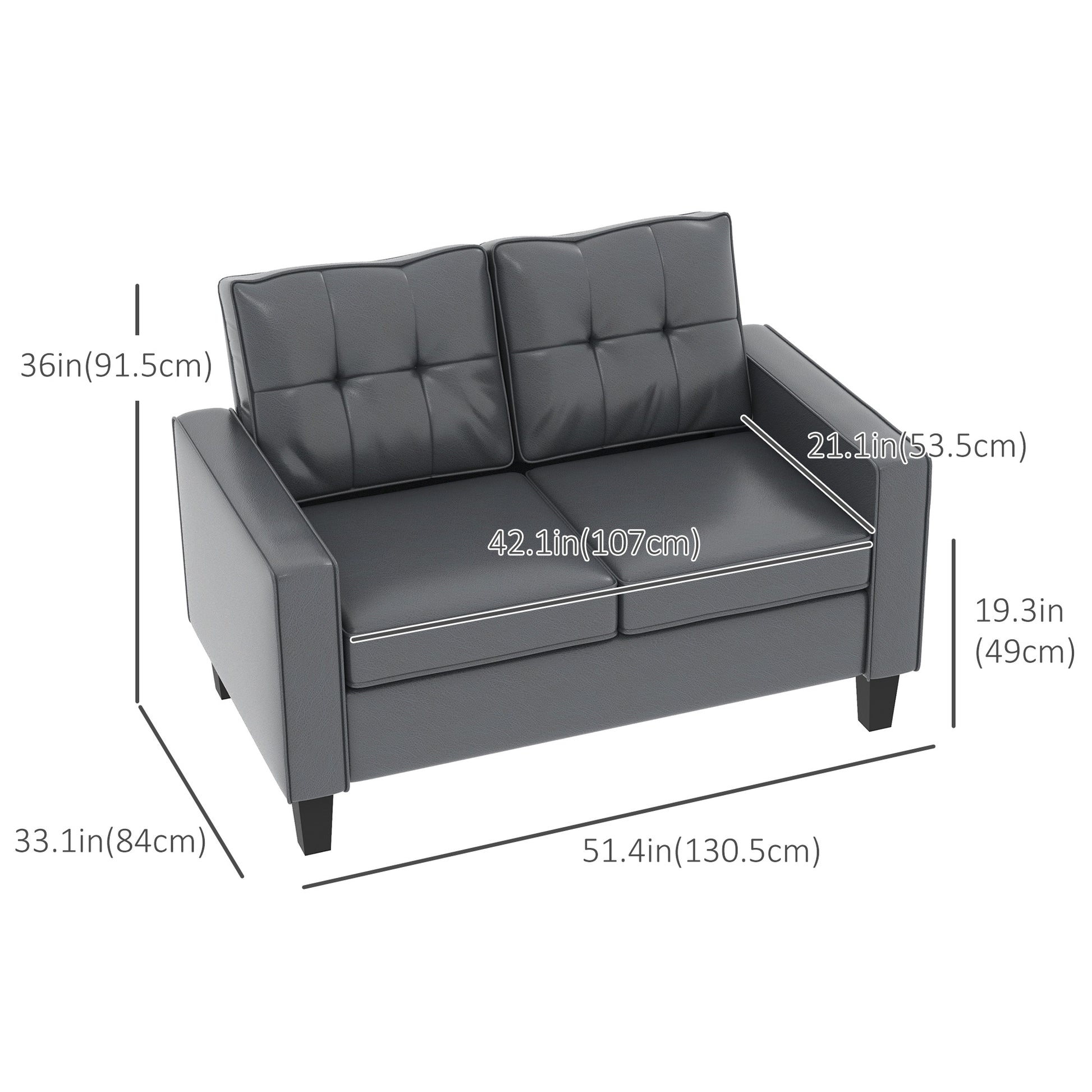 51" PU Leather Loveseat, Upholstered Double Sofa Couch with Armrests, Tufted Backrest, Pocket Spring and Sponge Padded Cushion for Living Room, Bedroom, Home Office, Grey