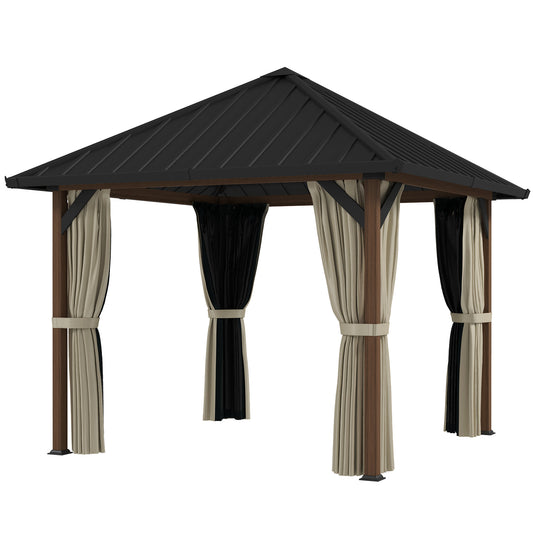 10' x 10' Hardtop Gazebo with Galvanized Steel Roof, Permanent Garden Gazebo with Netting and Curtains