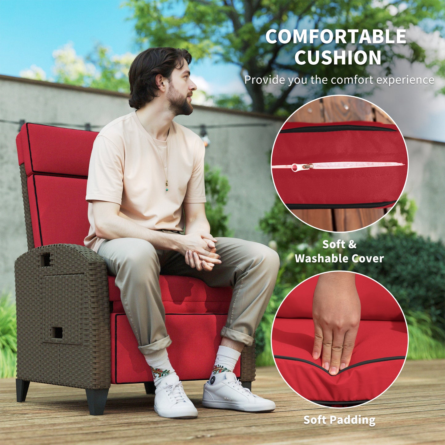 Outdoor Recliner Chair with Adjustable Backrest, Footrest, Thick Cushion, Side Tray, Up to 264 lbs, Wine Red