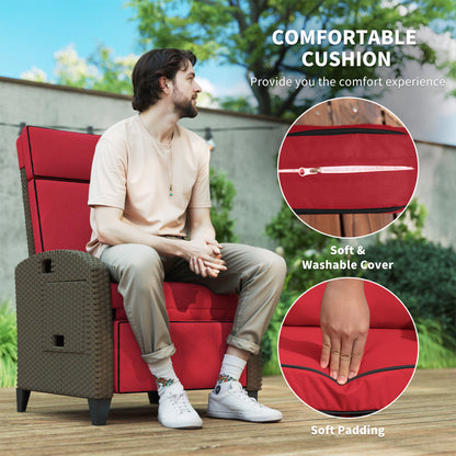 Outdoor Recliner Chair with Adjustable Backrest, Footrest, Thick Cushion, Side Tray, Up to 264 lbs, Wine Red