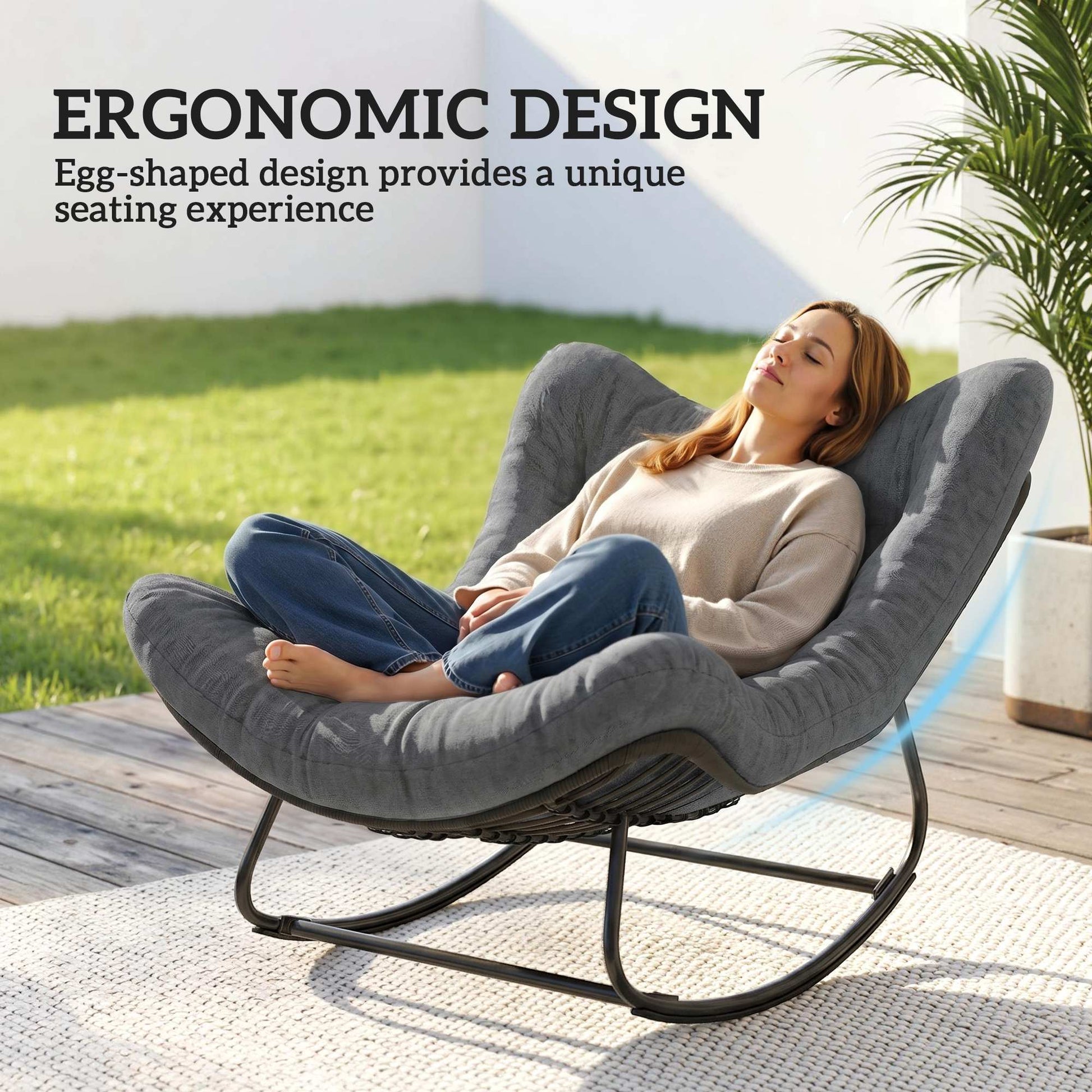 Outdoor Rocking Chair, Oversized Patio Egg Chair with Padded Cushion, Rattan Wicker for Indoor, Backyard, Dark Grey