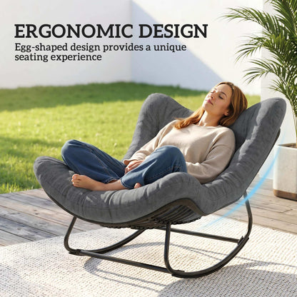 Outdoor Rocking Chair, Oversized Patio Egg Chair with Padded Cushion, Rattan Wicker for Indoor, Backyard, Dark Grey